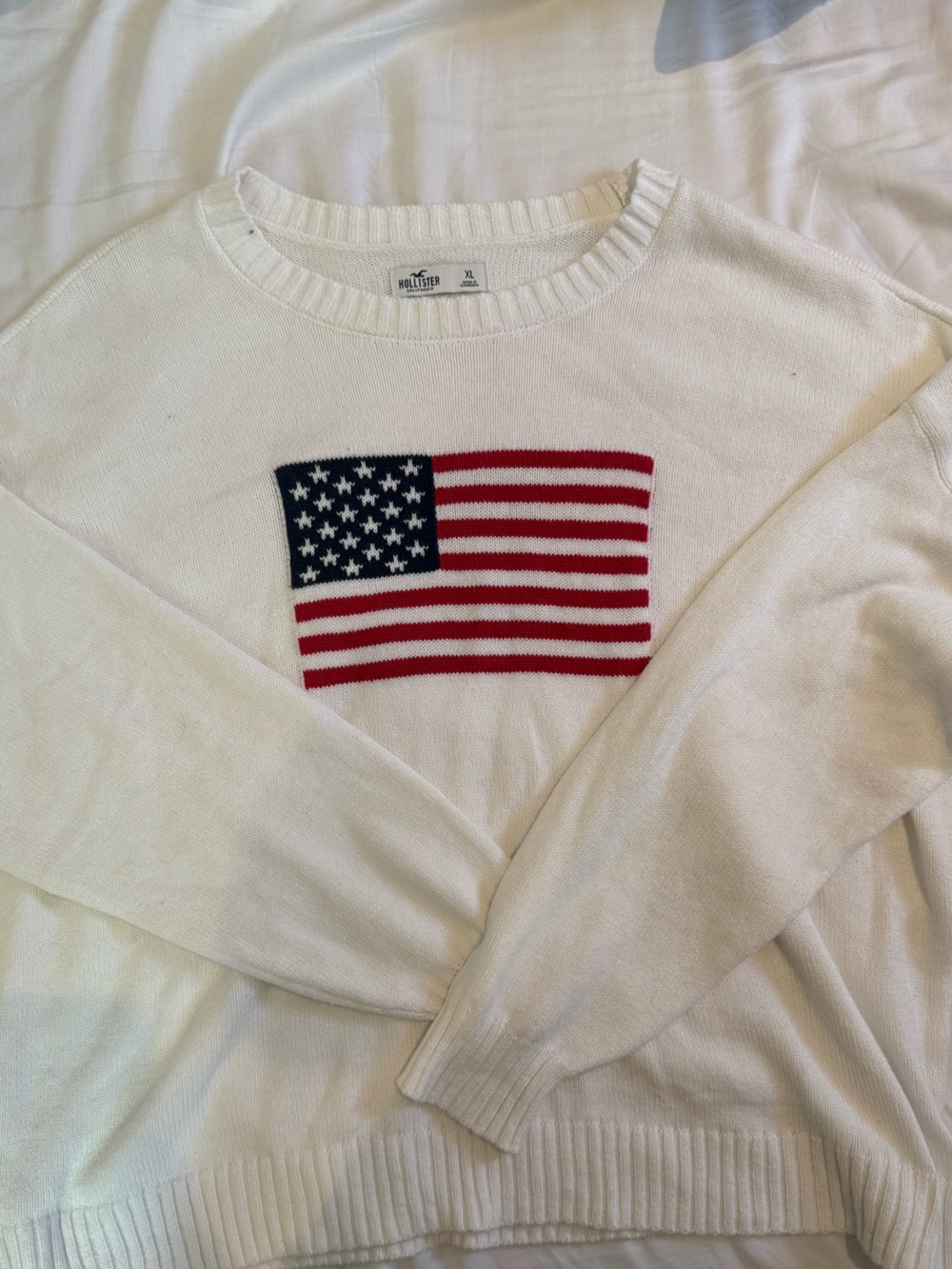Hollister White Crewneck Sweater with Red & Blue Flag